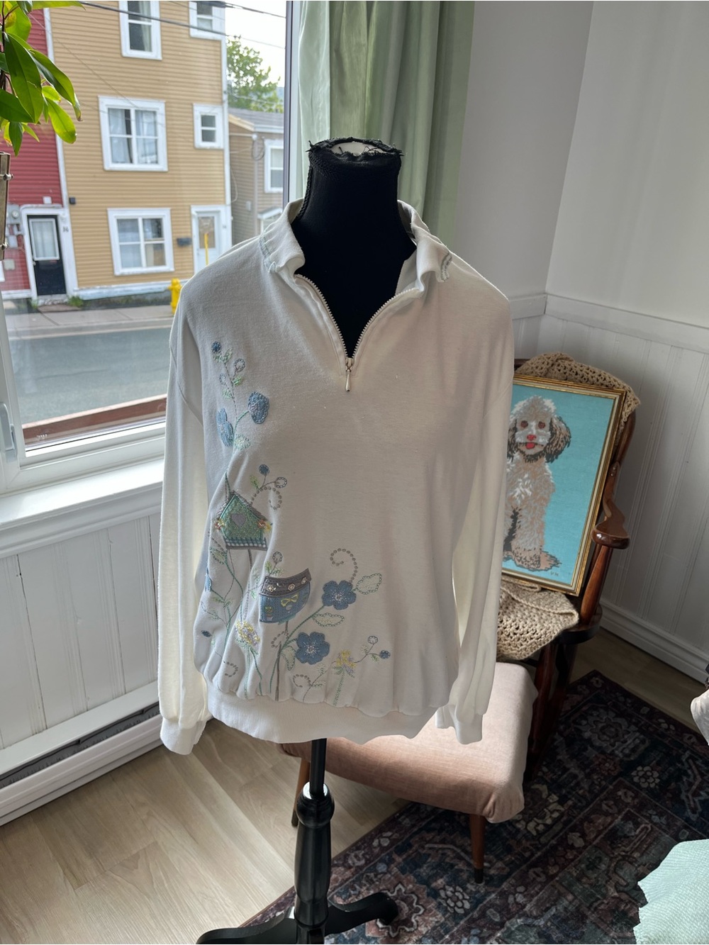Women’s Vintage White Floral Embroidered Quarter-Zip Pullover Cottagecore XL